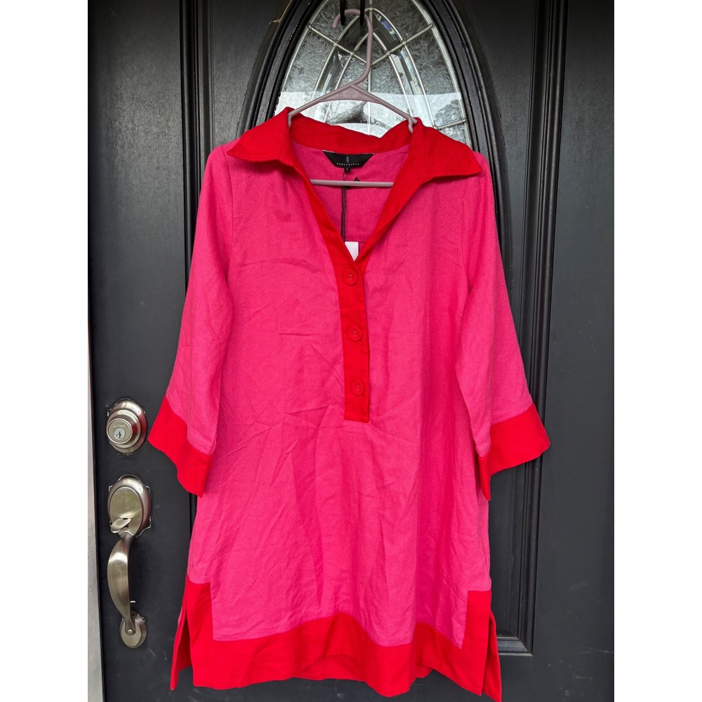 Abbey Glass Piper Caftan Pink Red Colorblock Tunic Top Size L NEW